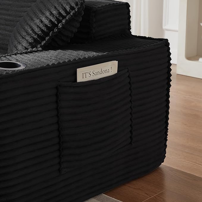 61 Cloud Loveseat Sofa with Cup Holder &amp Side Pocket Corduroy 2 Seater Sofa for Small Spaces Boneless Floor Sofa Couch with Pillow for Living Room Bedroom Apartment (Black Loveseat Sofa) | N