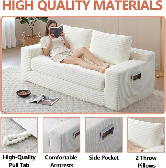 73 Boneless Loveseat Couch 2 in 1 Pull Out Sleeper Sofa with Side Pockets &amp 2 Pillows Folding Convertible Corduroy Floor Couch for Apartment Living Room Bedroom No Assembly(Beige)