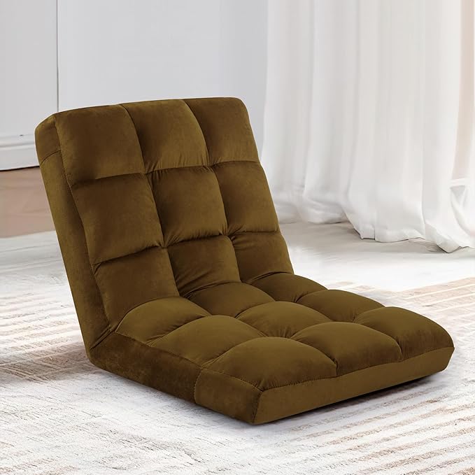 Floor Chair 24 inches Wide Oversized Velvet Armless Lay Flat Floor seat Padded Meditation Chair with 6 Adjustable Position Ergonomic Comfortable Convenient (Modern LRSF-014-TAN)
