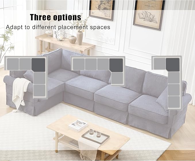 KEIKI 94 L-Shaped Oversized Modular Linen Sectional Sofa with Rolled Arms Cushion Back Modern Style Convertible 5-Seater Corner Couch Easy Assembly for Apartment Living Room Bedroom Dark Blue