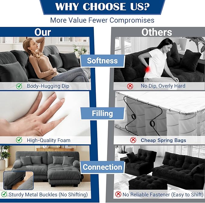 Cloud Couch Sectional Couch for Living Room L Shaped Sofa with Ottoman Oversized Loveseat Sofa Chenille Dark Grey