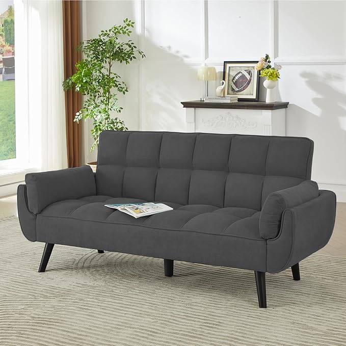 Sofa Couch for Living Room 74.8 Linen Tufted Modern Comfy Couch with Pillow-Top Armrest 3 Seater Upholstered Sofa for Small Spaces Office Apartment Dark Gray