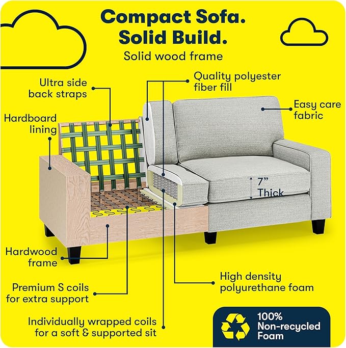 Serta Palisades 73 Track Arm Sofa Easy Care Polyester Soft Pillow Back Pocket Coil Seat Cushions Removable Covers Loveseat or Couch for Small Spaces Living Rooms or Bedrooms Pebble Gray