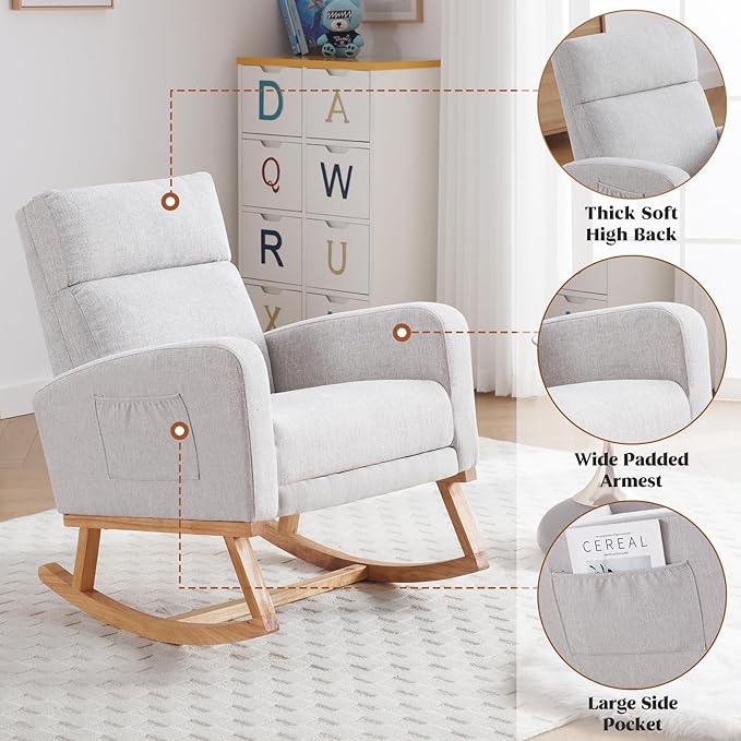 Rocking Chair Nursery with Foot Rest Nursing Rocking Chairs for Mom Breastfeeding Rocker Glider Chair with High Backrest for Living Room Bedroom Light Grey