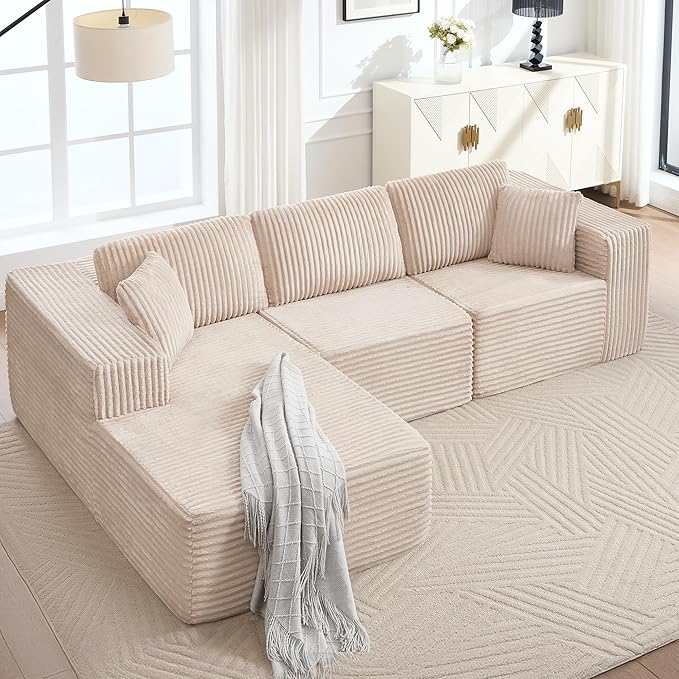 Boneless L-Shaped Modular Sectional Sofa 107 Modern Corduroy Upholstery Couch with Chaise for Living Room 3-Seater L Cloud Couches with Deep Seat No Assembly Left Facing Chaise Beige