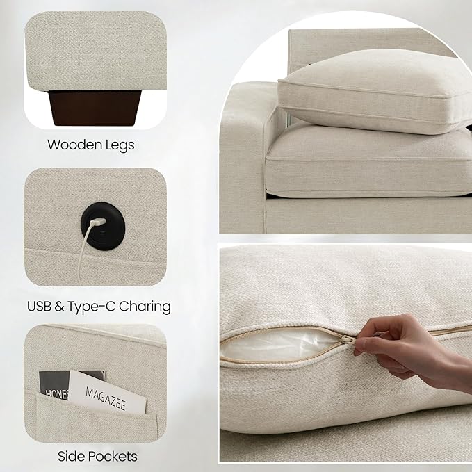 TEKAMON 100 Modular Sectional Sofa with Seats Storage L Shaped Couch with Movable Ottoman for Living Room Couch with Chaise Solid Wood Frame Spring Cushions USB Port Removable Covers Beige | S