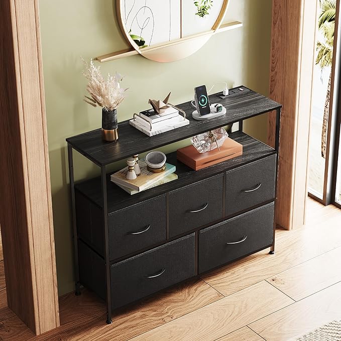 WLIVE Black Dresser for Bedroom with 5 DrawersFabric Dresser TV Stand with Charging Station Chest of Drawer with Open Shelves for 45 inch TV Storage Dresser for Living Room Closet Entryway