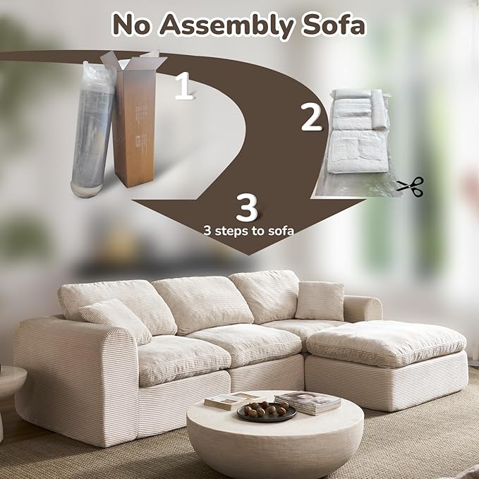 108 Cloud Sectional Couches for Living Room Convertible L-Shape Boneless Couch with Ottoman 4 Seater Modular Cloud Sofa with Deep Seat (Beige3 Seater + 1 Ottoman)