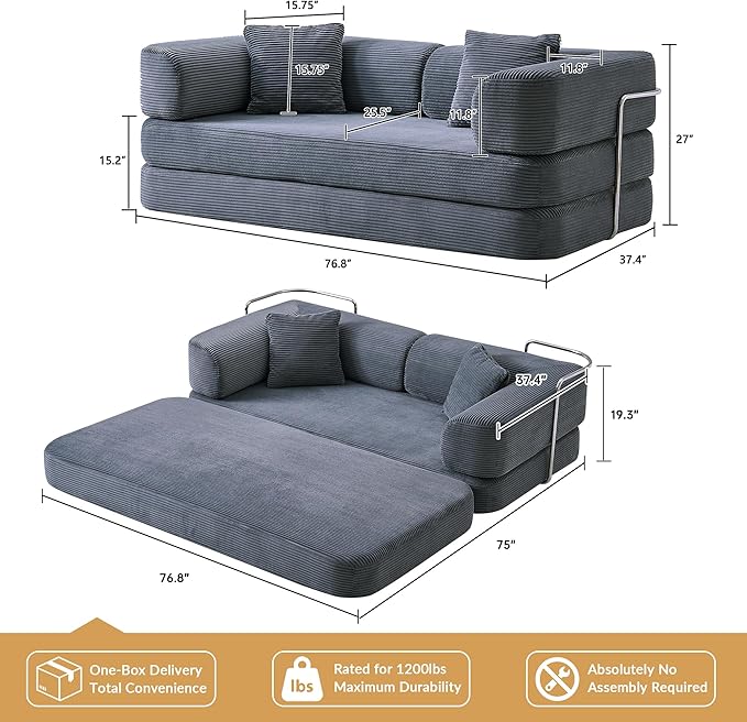 5-in-1 Convertible Sofa Bed Boneless Floor Couch Queen Size with Magic Pillow Blankets Zero-Assembly Sleeper Futon for Apartments Renters &amp Micro-Living Spaces Grey