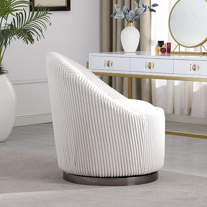 Morden Fort Mid Century 360° Swivel Chair Barrel Accent Sofa Chairs Luxury Corduroy Modern Upholstered Chair Durable Stainless Pedestal Round Armless Chairs for Living Room Bedroom Office Beige