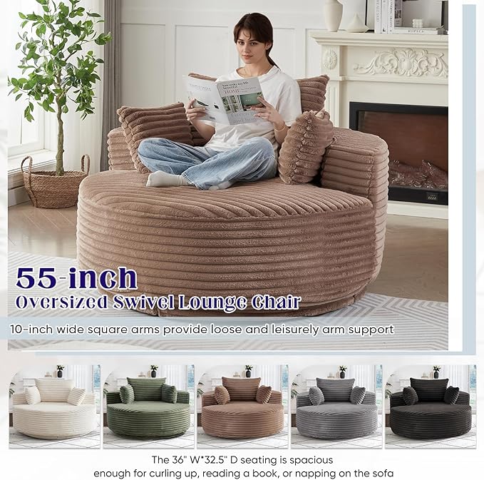 360-Degree Oversized Swivel Chair Modern Round Circle Corduroy Comfy Deep Seat Swivel Accent Chaise Lounge Sofa Chair with Back Cushion &amp 2 Throw Pillows for Living Room Bedroom Office Brown
