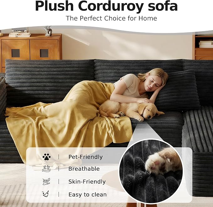 108.2 Modular Sectional Sofa with Deep Seat Boneless L Shaped Corduroy Couch Modern Comfort Cloud Couch Oversized for Living Room No Assembly (Right Facing ChaiseBlack)