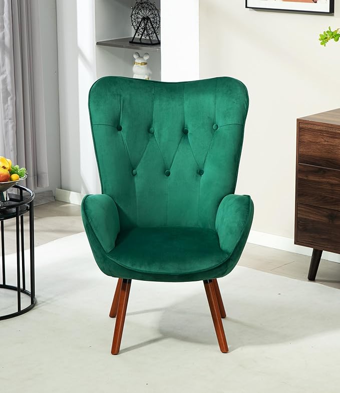 Chic Accent Arm Chairs for Living Room Bedroom or Home Office Button-Tufted Midcentury Armchair with Wingback Design and Splayed Legs Green