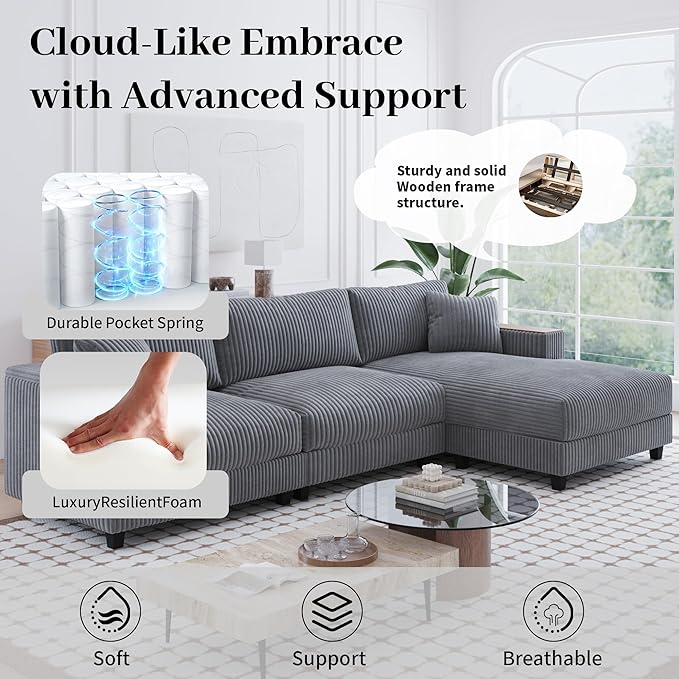 Modular Sectional Sofa 114.5 Convertible L Shaped Couch with Corduroy Fabric 3 Seater Corner Sleeper Sofa with Chaise Storage Armrests &amp 2 Pillows Modern Comfy Upholstered Couches for Living
