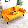 70 Convertible Sofa Bed Modern Futon CouchAdjustable Backrest Cotton Linen with Cup Holders and 2 Throw Pillows Sleeper Sofa for Living Room Apartment Small Space (Yellow)