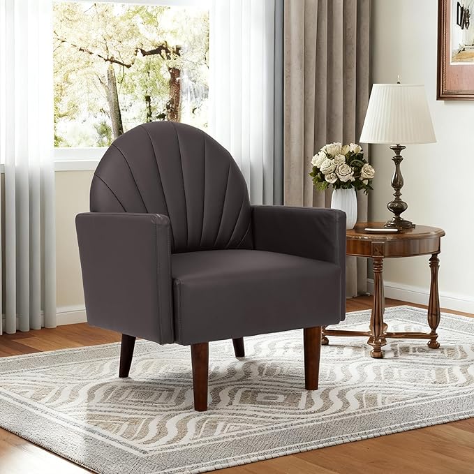 Mid-Century Accent Chairs PU Leather Modern Upholstered Living Room Chair Cozy Armchair Button Tufted Back and Wood Legs for Bedroom Office Cafe (Dark Grey)