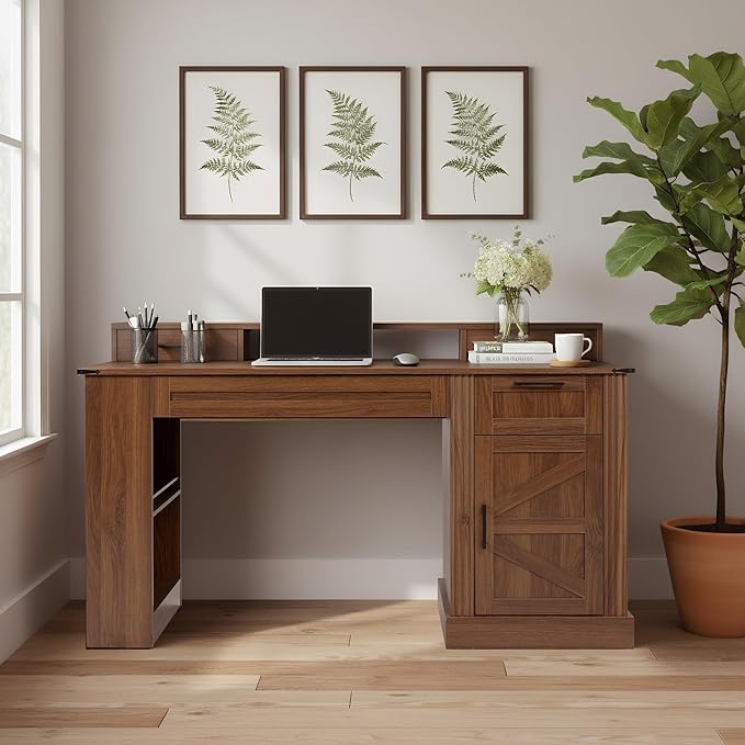 55 Farmhouse Executive DeskHome Office Desk with Power OutletsTable Layer Shelf and Storage CabinetComputer Desk with Pegboard and DrawersWood Desk for Work Study Writing (Brown-2)