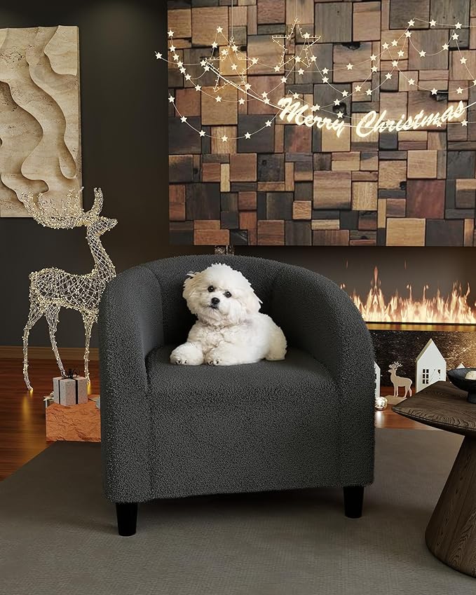 GarveeHome Accent Chair Barrel Boucle Chair Set of 2 Club Chair Sherpa Armchair Suitable for Living Room Bedroom Reception Room Office(Dark Gray)