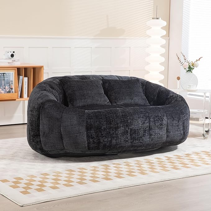 GDFStudio Colomt Lounge Chair Upholstered Lazy Sofa Chair 2 Seater Couch Comfort Chenille Loveseat Ready to Use Bean Bag Chair Soft Seating Lounge Reading Sofa for Living Room Bedroom Black