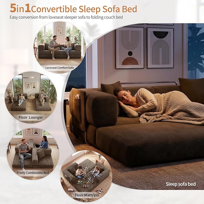78.8 Convertible Sofa Bed with Armrest Pillow 4-in-1 Sleeper Couch Bed for Livingroom Modular Corduroy Boneless couches No Assembly (Brown)