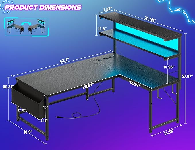 L Shaped Desk Gaming Desk with LED Light &amp Power Outlet 43.3 Inch Reversible L Shaped Computer Desk with Shelf &amp Storage Bag &amp Hook for Home Office Black