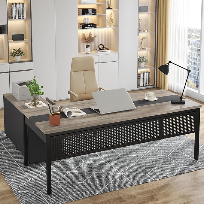Tribesigns 71 inch Executive Desk L-Shaped Desk with Mobile File Cabinet Executive Office Table with 2 Drawers and Storage Shelves Business Furniture Workstation for Home Office Grey and Black