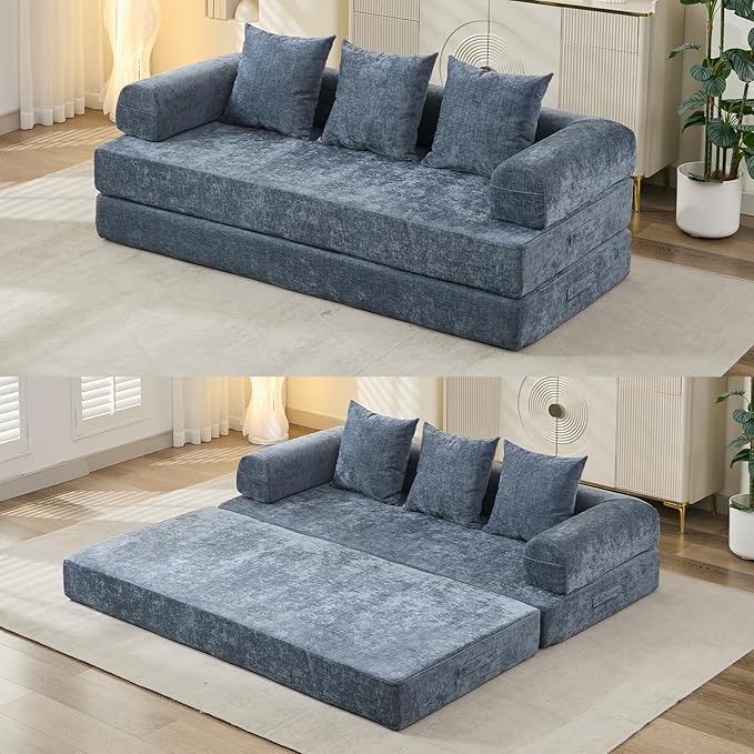 Convertible Sofa Bed 4-in-1 Floor Foldable Couch Bed with Armrests &amp Pillow Chenille Fabric No Assembly Required Comfy Memory Foam Couch Lounge Sofa for Living Room Light Blue