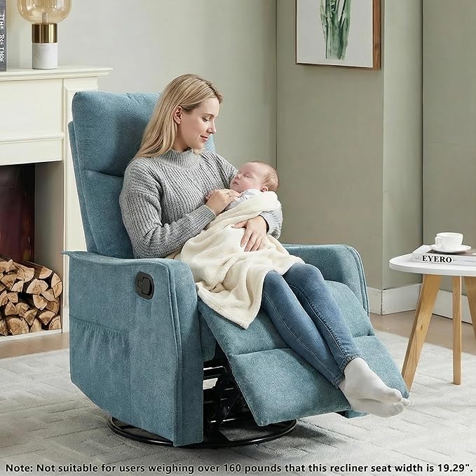 Manual 360° Swivel Rocker Recliner Chair for Adults Overstuffed Glider Chair for Nursery with Vibration Massage and Heat Comfy Soft Fabric Glider with Side Pockets for Living Room Blue