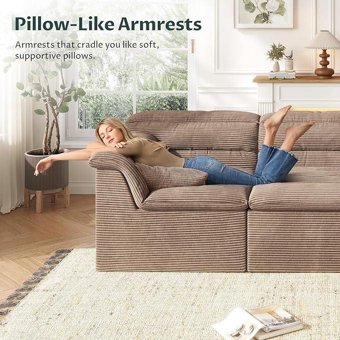 112 Modular Cloud Sectional Couch with Ottoman Modern Upholstered Compressed Sofa with Deep Seat Comfy L-Shape Corduroy Couches for Living Room No Assembly Required Camel