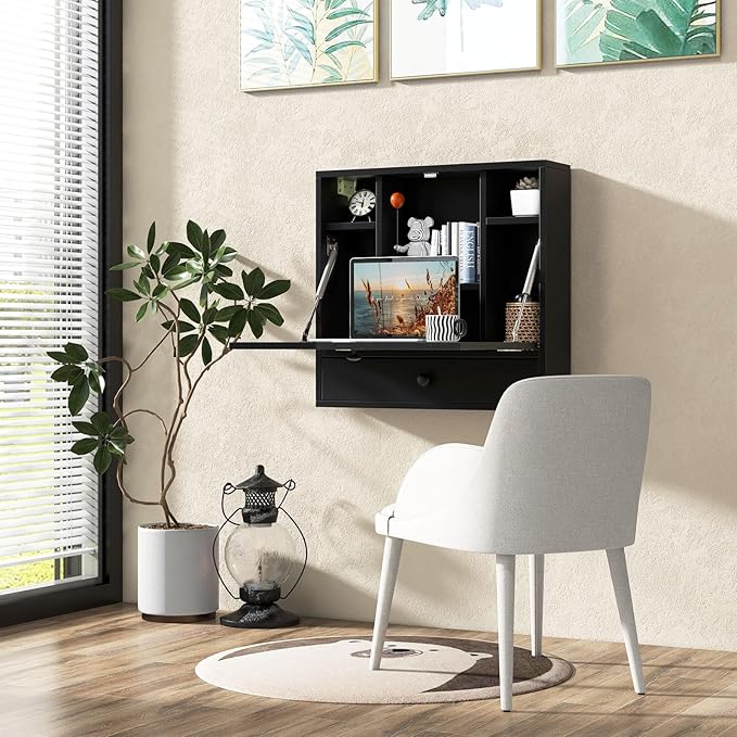 Tangkula Wall Mounted Desk Folding Floating Wall Mount Laptop Desk Space Saving Wall Mounted Table with Storage Drawer &amp Shelves (Black)