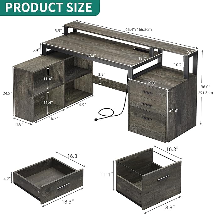 YITAHOME L Shaped Desk with 3 Drawers 65 Corner Computer Desk with Power Outlets &amp LED Lights L-Shaped Desk with File Cabinet &amp Printer Stand for Home Office Grey