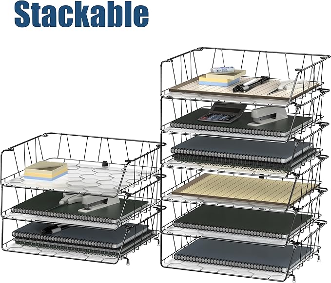 Simple Houseware Stackable Wide Entry Desk File Document Letter Tray with Liner Wire Grid 3 Packs Black