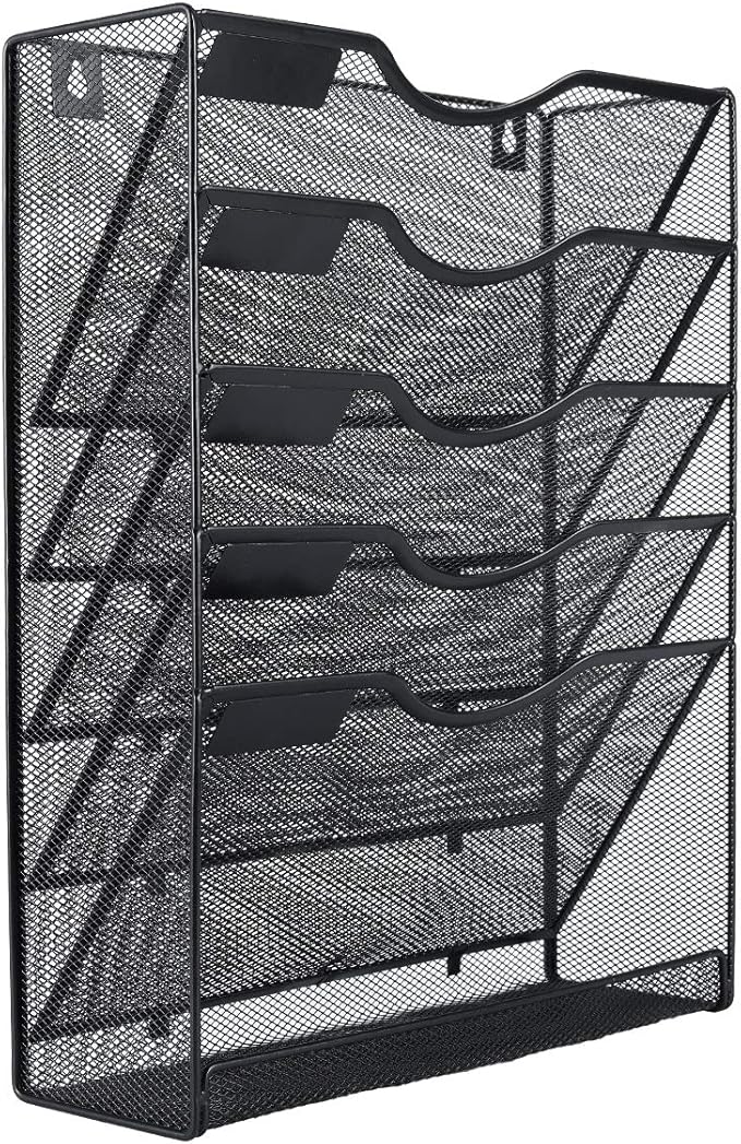 EasyPAG 5 Tier Wall File Holder Mesh Hanging Folder Organizer with Classify Label Versatile Desk File Holder Vertical Wall Mounted Mail Organizer for Office Home Cubicle Black Closed Sides