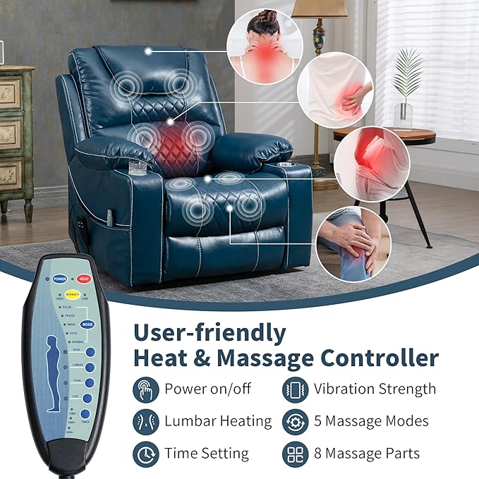Large Power Lift Recliner Chair with Massage and Heat for Elderly Big and Tall People Dual Motor 180° Lay Flat Overstuffed Wide Leather Recliners with 2 Cup Holders Side Pocket