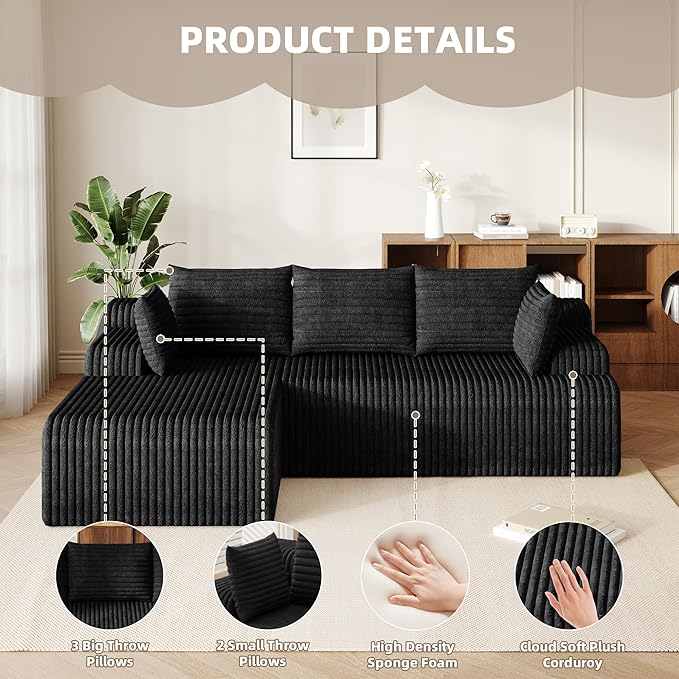 2026 New Boneless Couch No Assembly Cloud Couch Sectional with Deep Seat &amp Chaise for Small Spaces Upholstered Boneless Sectional Couch for Living Room L Shaped Couch with Left Facing Chaise B