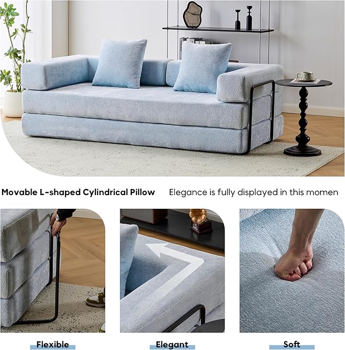 Convertible Sleeper Sofa Bed with Fixed-Shape Frame Floor Sofa Lounge Couch with Cylindrical Pillow Chenille Folding Mattress Couch for Living Room Bedroom-Light Blue
