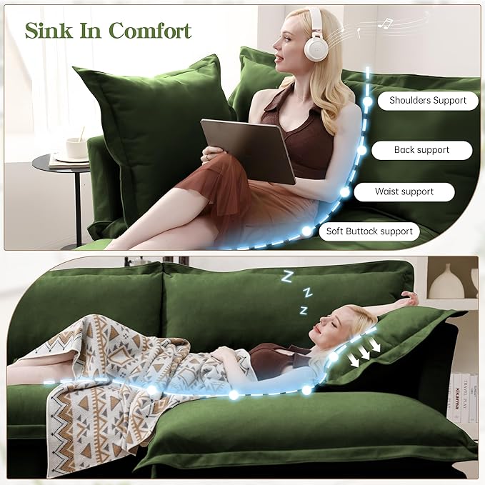 120 Slipcovered Modular Cloud Sectional Sofa Deep Seat Chenille U Shaped Couch with Removable Covers 3-Seater Sofa for Living Room (Green) | Slipcovered