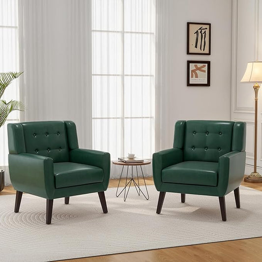 Accent Chair Mid-Century Modern PU Leather Chairs with Arms for Living Room Comfy Upholstered Club Single Sofa Armchair for Bedroom Waiting Room with Solid Wood Frame（Leather Green Set of 2)