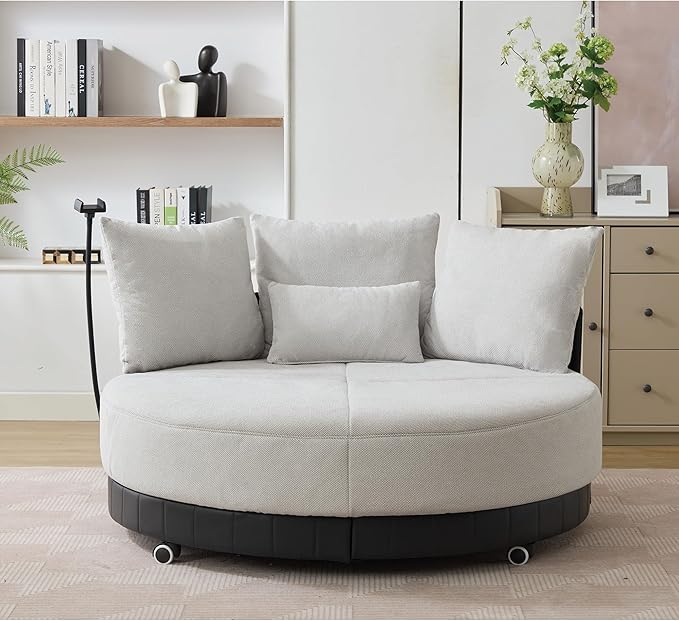 52.75'' Oversized Swivel Cuddle Chair 360° Swivel Round Sofa with Adjustable Phone Holder and 4 Pillows Gray Upholstered Round Loveseat with Rotating Pulley for Living Room Bedroom (Gray)