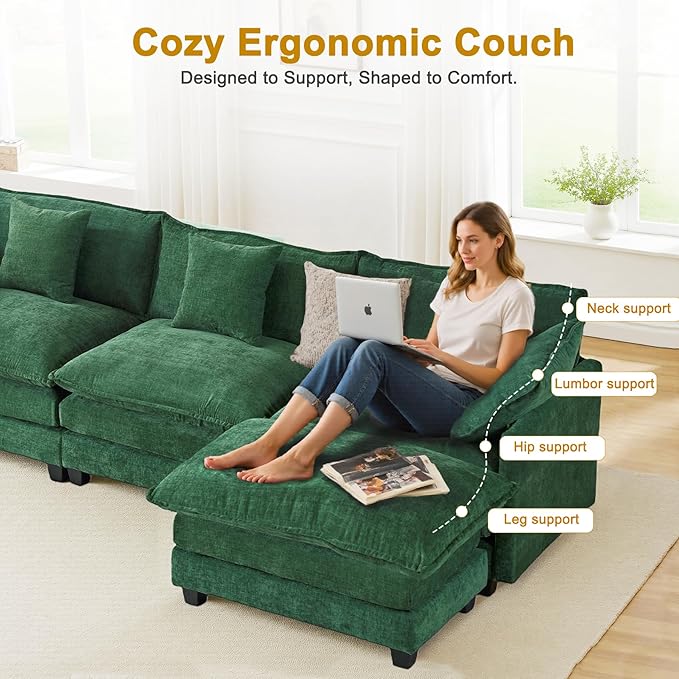111.4 L-Shaped Cloud Chenille Sofa Sectional Couch with Reversible Chaise Flexible 3+1 Layout for Large Spaces Deep Seat and Free Pillows Included