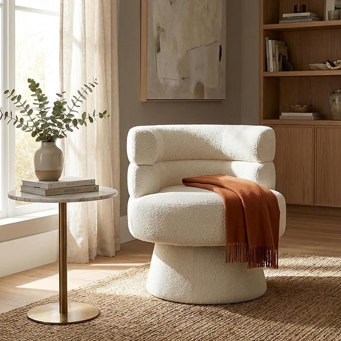 Merax Boucle Swivel Chair 360° Rotating Modern Accent Chair with Ergonomic Support for Living Room Bedroom Home Office Cream White