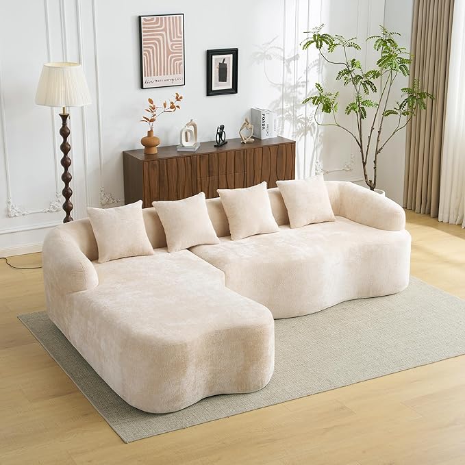 KEIKI 104.7 Cloud Sofa L-Shape Sectional Sofa with Curved Chaise Futon Sofa Couch Folding Mattress for Living Room Guest BedroomNo Assembly Required Beige
