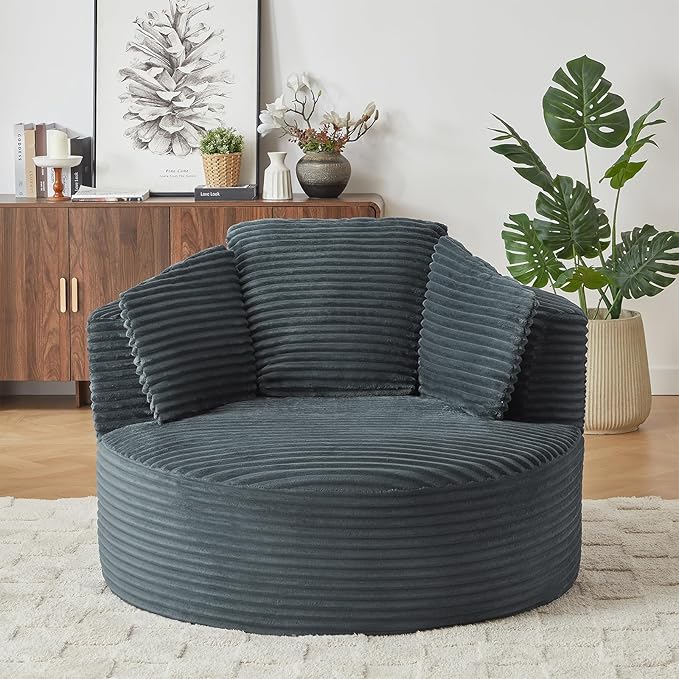 Oversized Round Chair 48W Corduroy Comfy Circle Armchair with Deep Seat &amp 3 Pillows Upholstered Floor Boneless Chair Fluffy Modern Cozy Sofa Chairs for Living Room Bedroom Apartment(Dark Gra