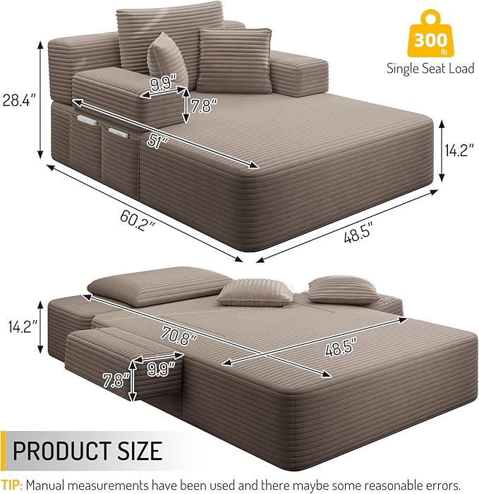 Oversized Convertible Chaise Lounge Chair Indoor Corduroy Upholstered Boneless Sleeper Sofa Bed with Side Pockets Modern Deep Seat Cloud Couch Reading Chairs for Living Room (Coffee)