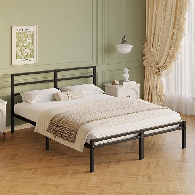 12 Inch Queen Bed Frame with Headboard and Footboard Classic Metal Platform Bed Frame Queen Size Under Bed Storage No Box Spring Needed Easy Assembly Noise Free Black