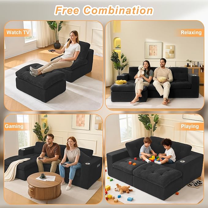 105 L Shaped Modular Sectional Sofa with OttomanCloud Boneless Couches for Living RoomCorduroy Comfy Couch with Chaise and Cup Holder Upholstered Sofa in A Box No AssemblyBlack