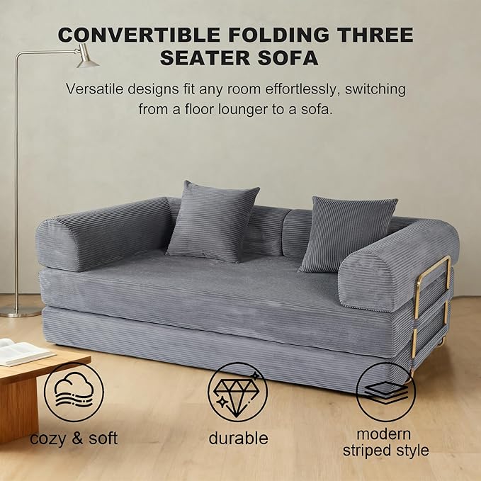 Foldable Sofa Bed 75 Inch Boneless Couch Convertible Memory Foam Sleeper Sofabed Floor Mattress with 2 Pillows Microfiber Cloud Sofa for Living Room Apartment No Assembly (Grey)