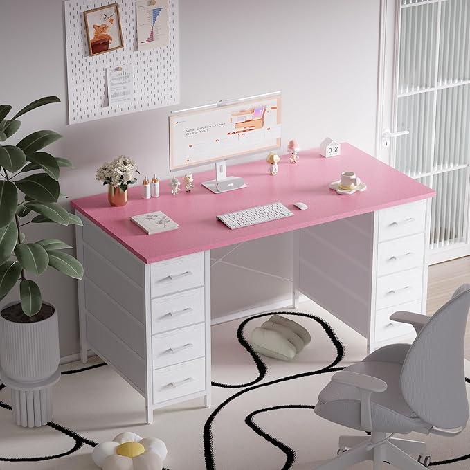 Pamray 47 Inch Computer Desk with 8 Fabric Drawers PC Gaming Desk Home Office Study Work Writing Table for Bedroom Pink