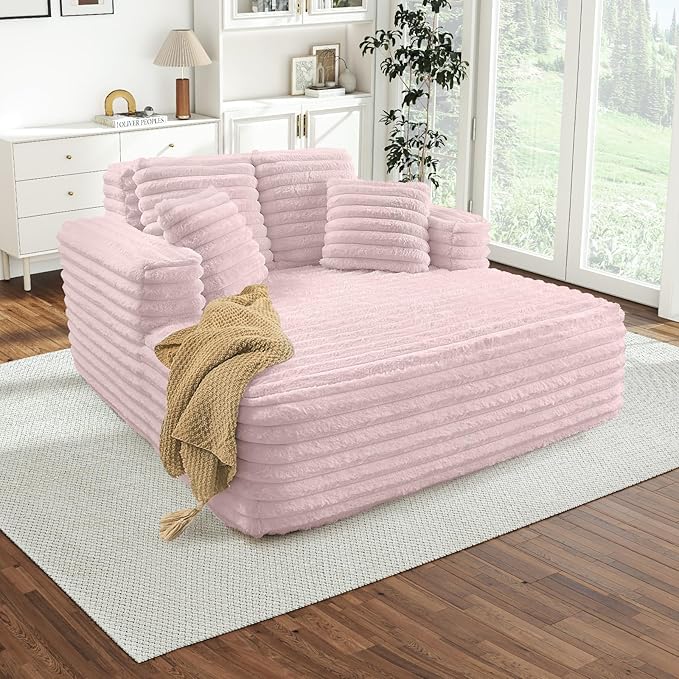 Chaise Lounge Chair Indoor Comfy Corduroy Plush Fluffy Foam Floor Compression Sofa Chair Leisure Reading Single Sleeper Chaise Chair for Living Room Bedroom Office Pillows Included (Pink)