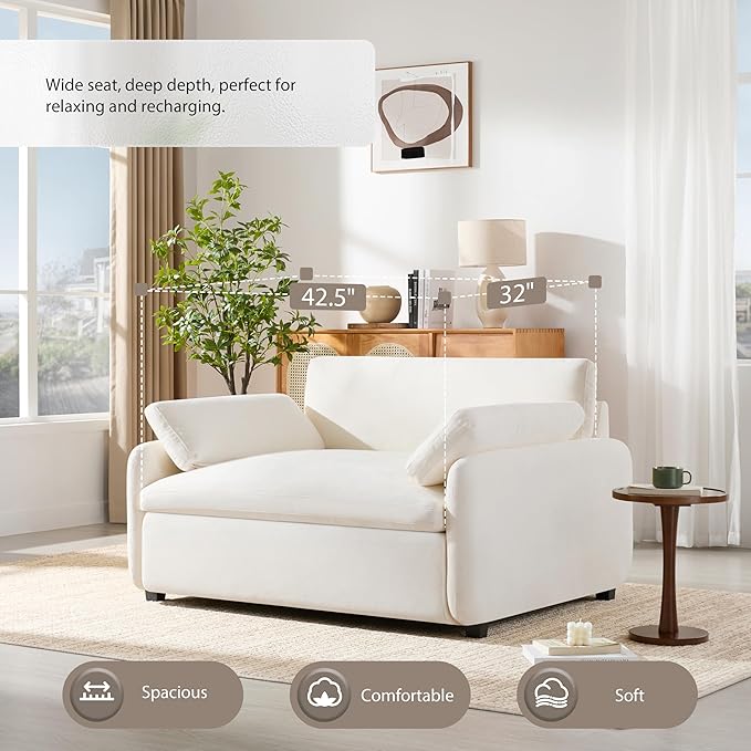 50*43 Oversized Chenille Single Sofa Chair Wide and Deep Seat Accent Chair Modern Upholstered Comfy Armchair Color Blocking Couch Lounge with Pillows for Living Room Apartment Bedroom Cream